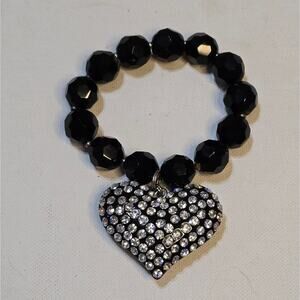 Treska Large Black‎ Jeweled Puffed Heart Stretch Bracelet